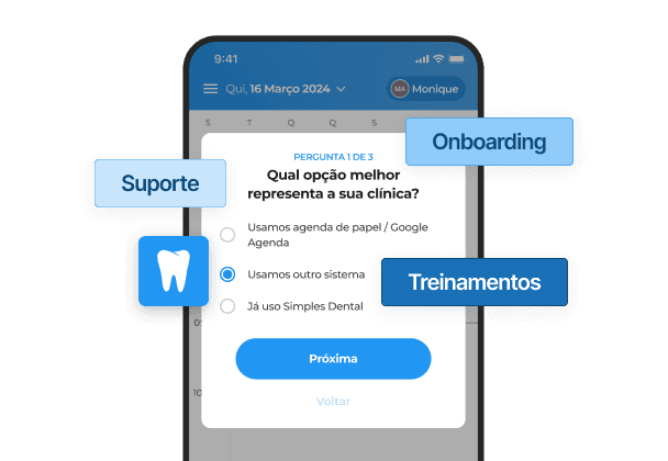 Tela mobile do Simples Dental no fluxo de onboarding e suporte com tags de Suporte, Onboarding e Treinamentos, em interface moderna e intuitiva em tons de azul