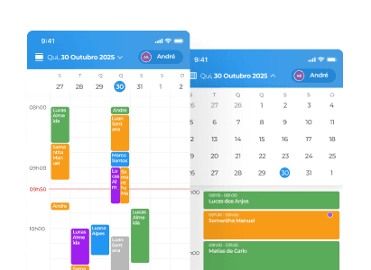 Tela da agenda online do Simples Dental com horários organizados e confirmação automática por WhatsApp, em interface moderna e intuitiva em tons de azul