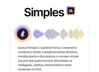 Tela da inteligência artificial do Simples Dental com transcrição automática de consultas e notas organizadas no prontuário, em interface moderna e intuitiva em tons de azul