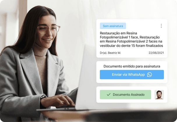 Tela de assinatura eletrônica do Simples Dental com receituários, contratos e anamneses assinados digitalmente com validade jurídica, em interface moderna e intuitiva em tons de azul