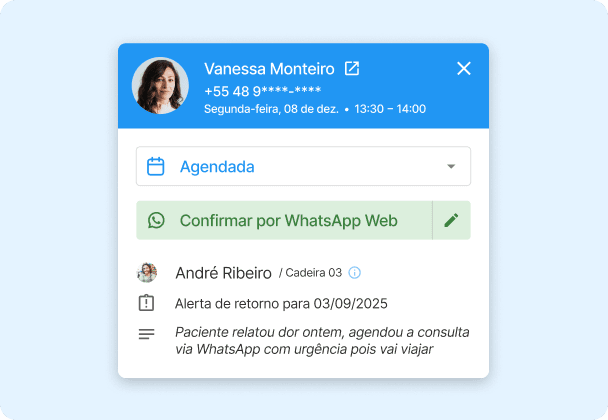 Tela de confirmação de consulta por WhatsApp no Simples Dental integrada à agenda digital, em interface moderna e intuitiva em tons de azul