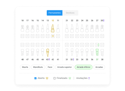 Tela do prontuário digital do Simples Dental com odontograma online, anamnese e assinatura eletrônica, em interface moderna e intuitiva em tons de azul