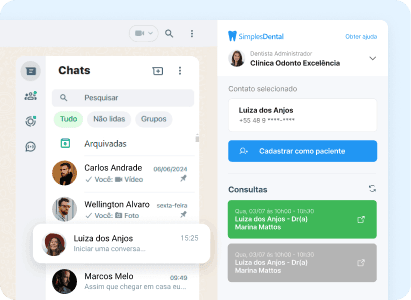 Tela das integrações WhatsApp do Simples Dental com Copiloto, confirmação de consultas e campanhas automatizadas, em interface moderna e intuitiva em tons de azul