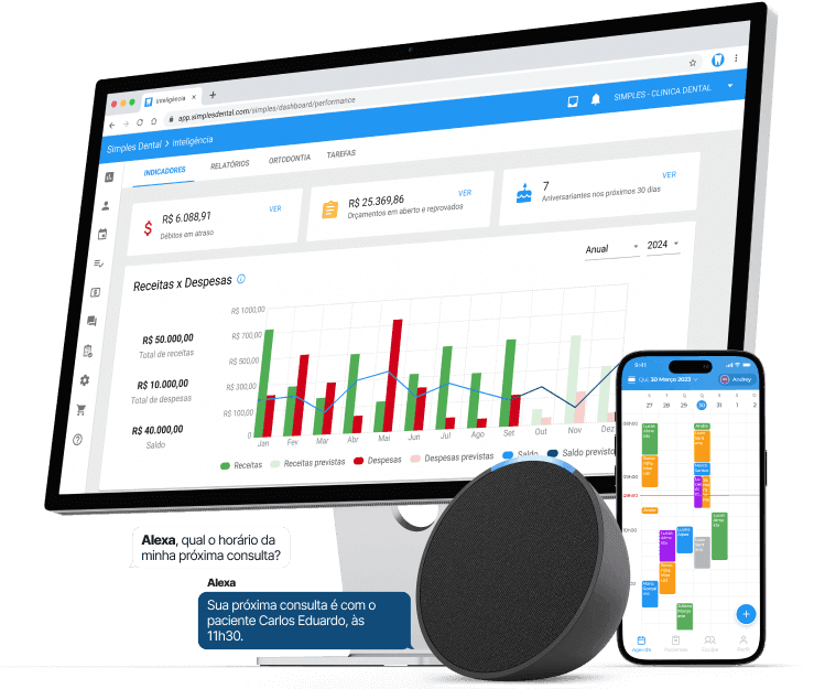Computador exibindo o software Simples Dental com agenda, prontuário digital e controle financeiro integrados, em interface moderna e intuitiva em tons de azul